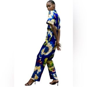 Zara blue green Floral Satin look Short Sleeve button front Jumpsuit Size medium